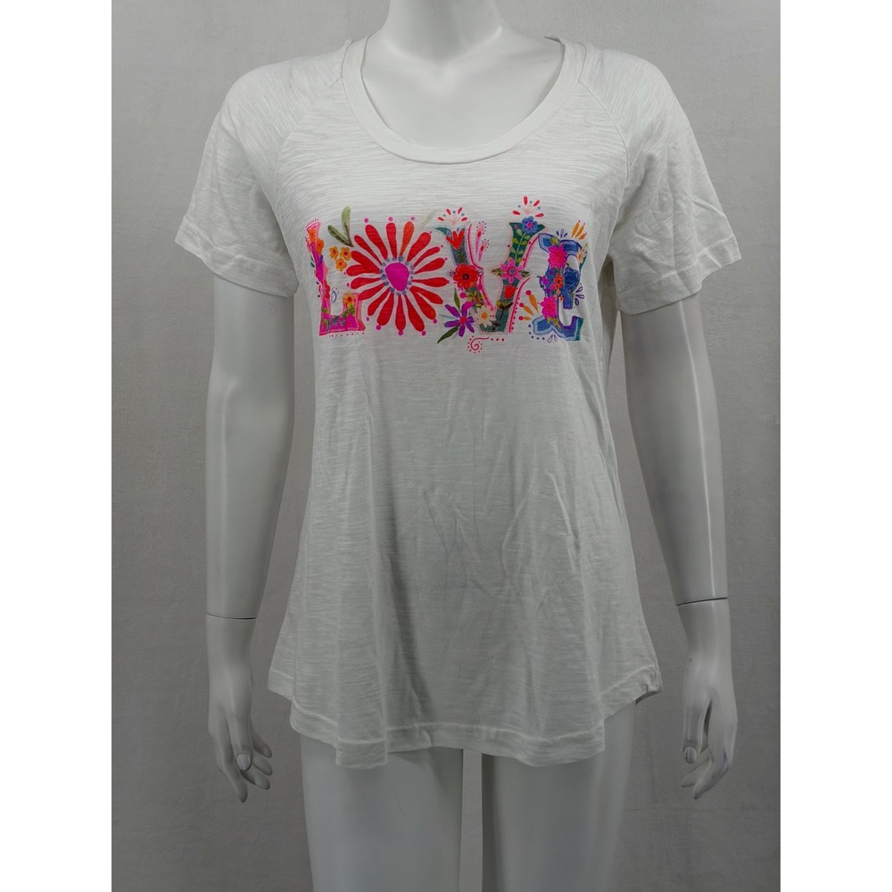 Natural Life Top Womens Large White Floral Love Graphic Boho Summer Beach Cotton